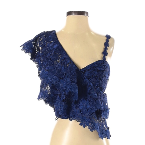 Alice + Olivia Blue Lace Cropped Top Ruffle Sleeve